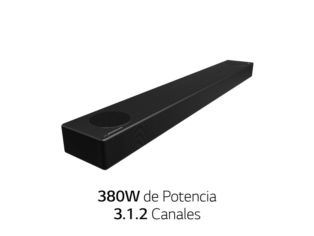 Barra de sonido LG negra. Texto: 380W de potencia. 3.1.2 Canales. Tiene rejillas de altavoz redondas a los lados.