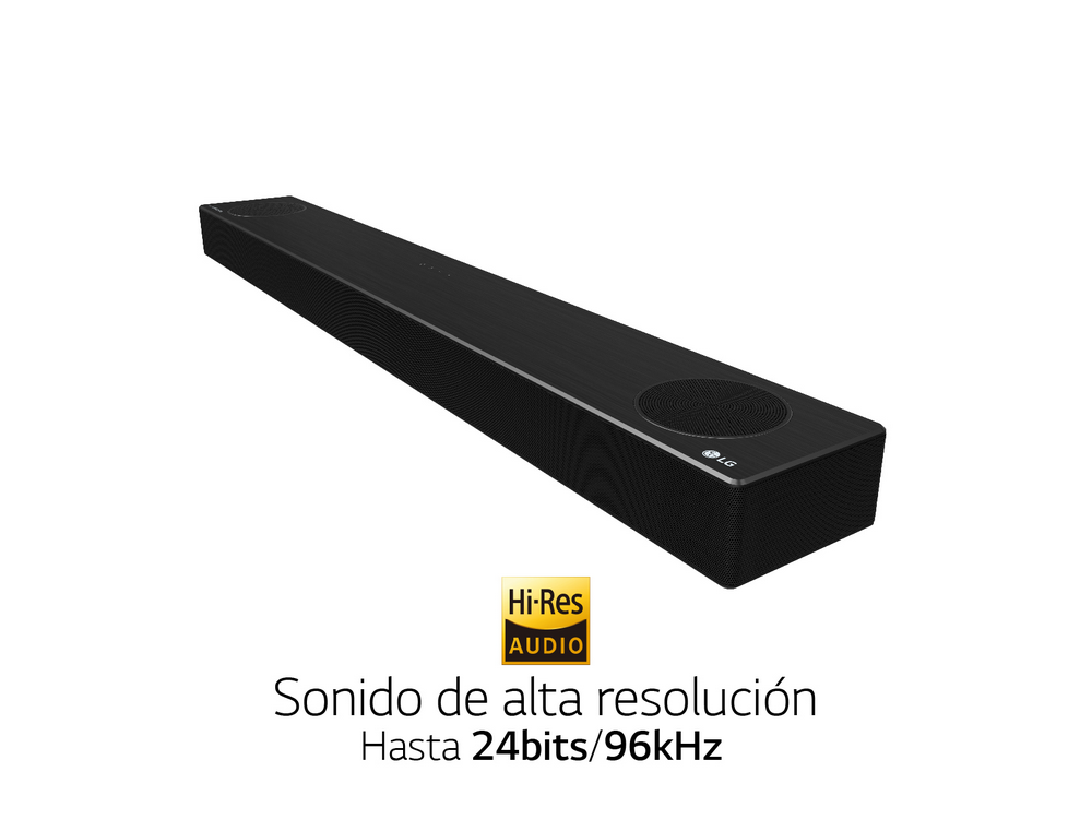 Barra de sonido LG negra con texto “Hi-Res AUDIO” debajo. Fondo blanco.