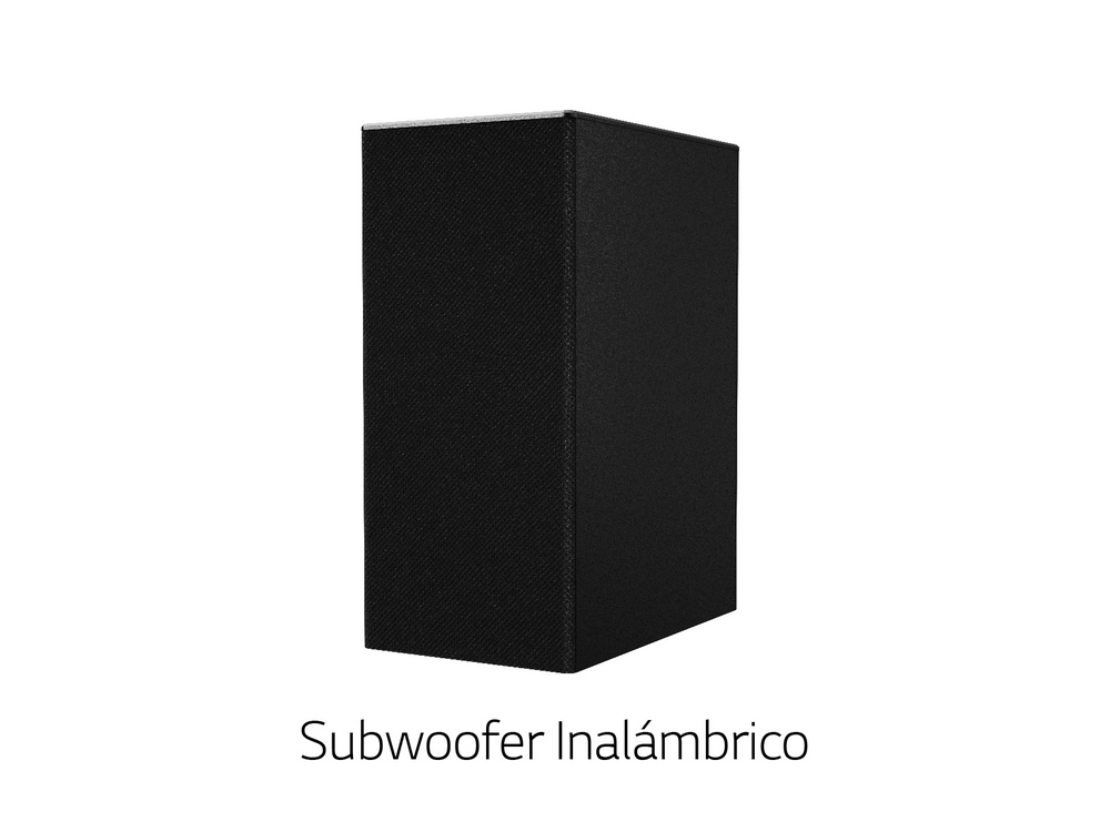 Subwoofer negro con el texto 'Subwoofer Inalámbrico' sobre fondo blanco.