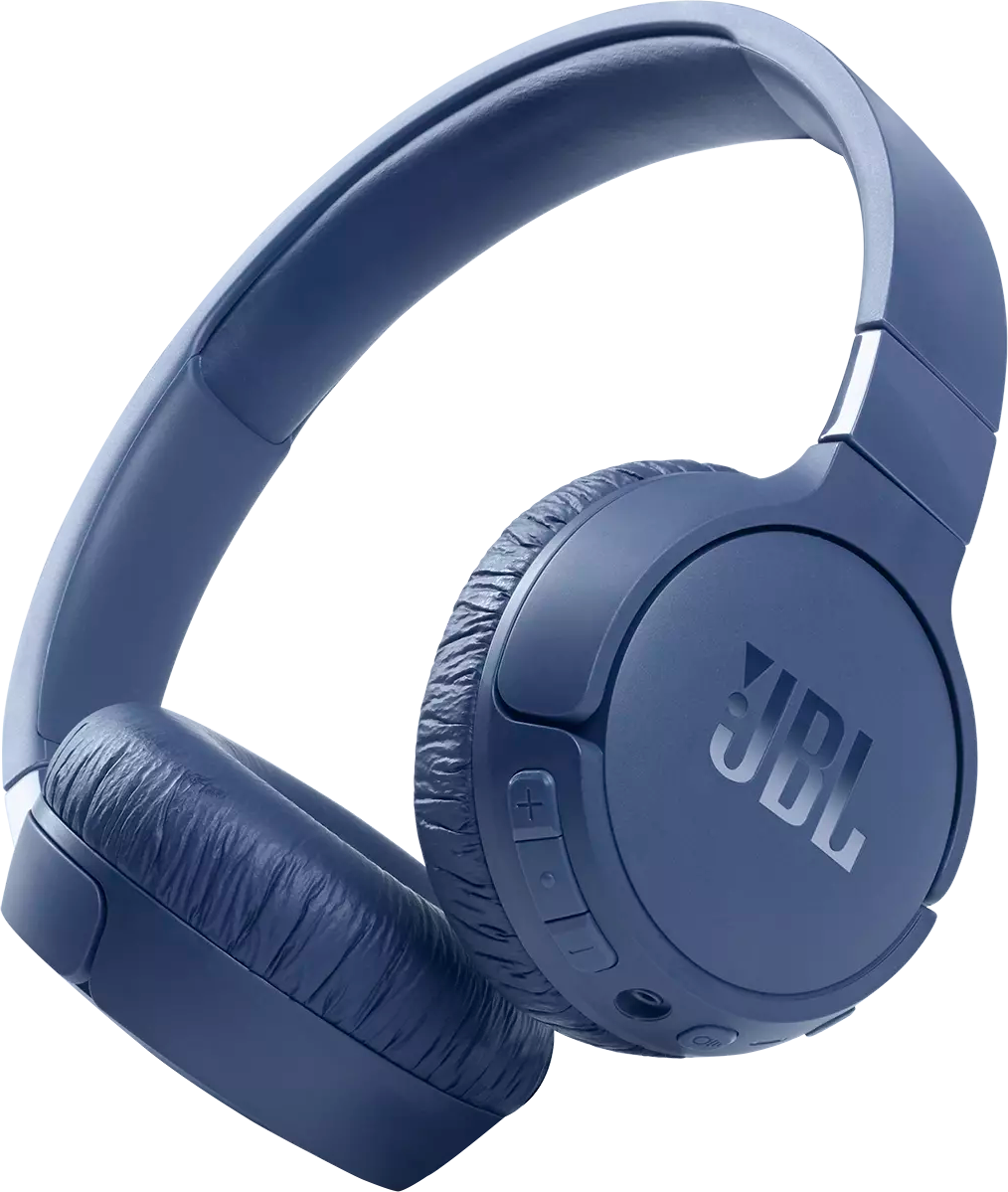 Blauwe JBL-koptelefoon. Oorschelpen en hoofdband zichtbaar. JBL-logo aanwezig.