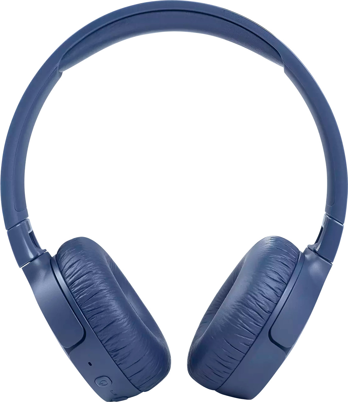 Blauwe koptelefoon. De oorschelpen zijn ovaal en gewatteerd. De hoofdband verbindt ze.