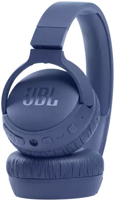 Blauwe JBL-koptelefoon. Oorschelpen met JBL-logo, hoofdband en bedieningsknoppen.