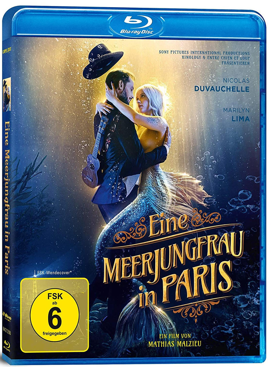 Eine Blu-ray Disc-Hülle zeigt ein Filmplakat eines Paares und einer Meerjungfrau, in blauer Verpackung.