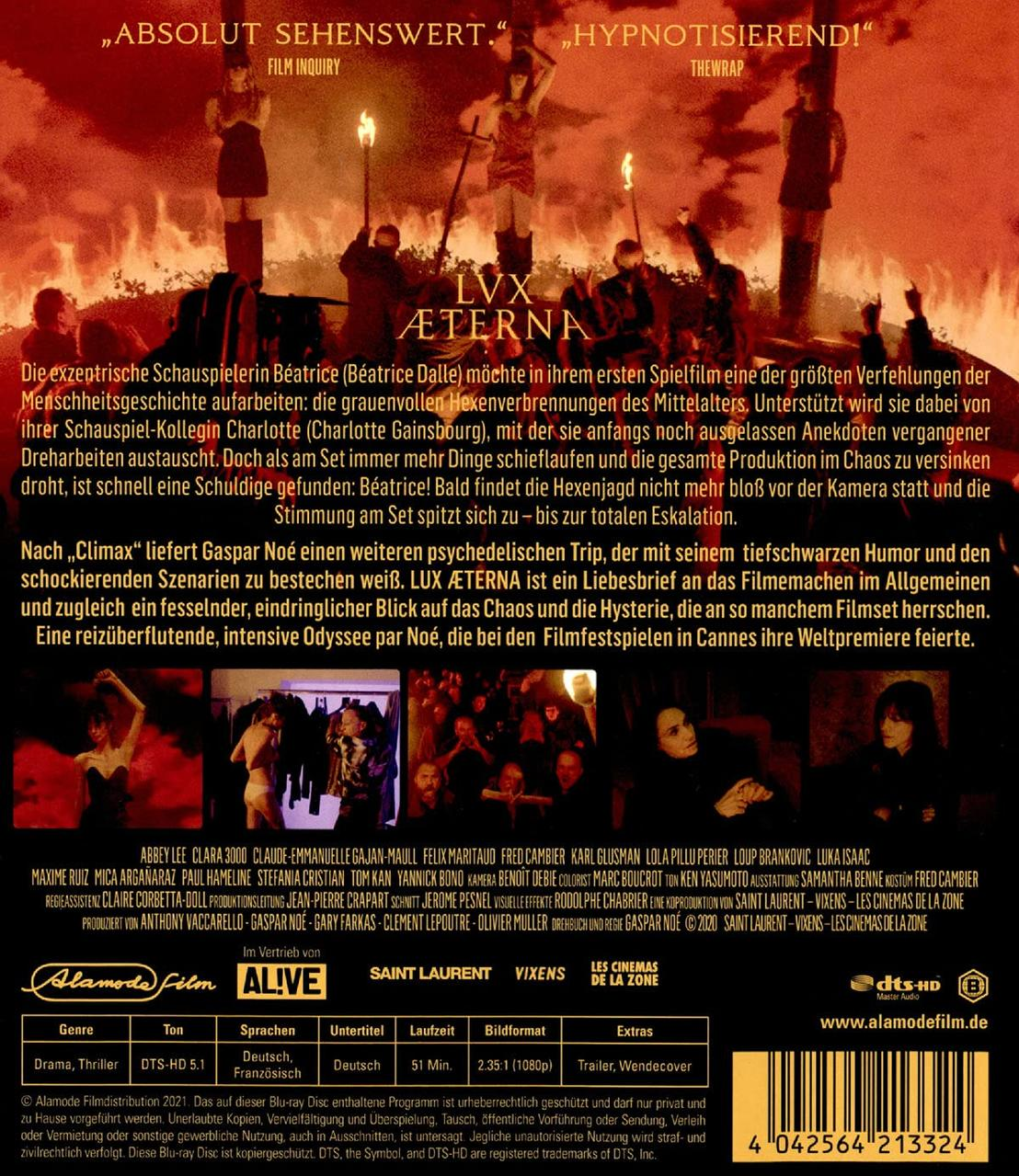 Rückseite einer DVD von 'Lux Æterna'. Text auf Französisch. Enthält Bilder von Personen und den Filmtitel.