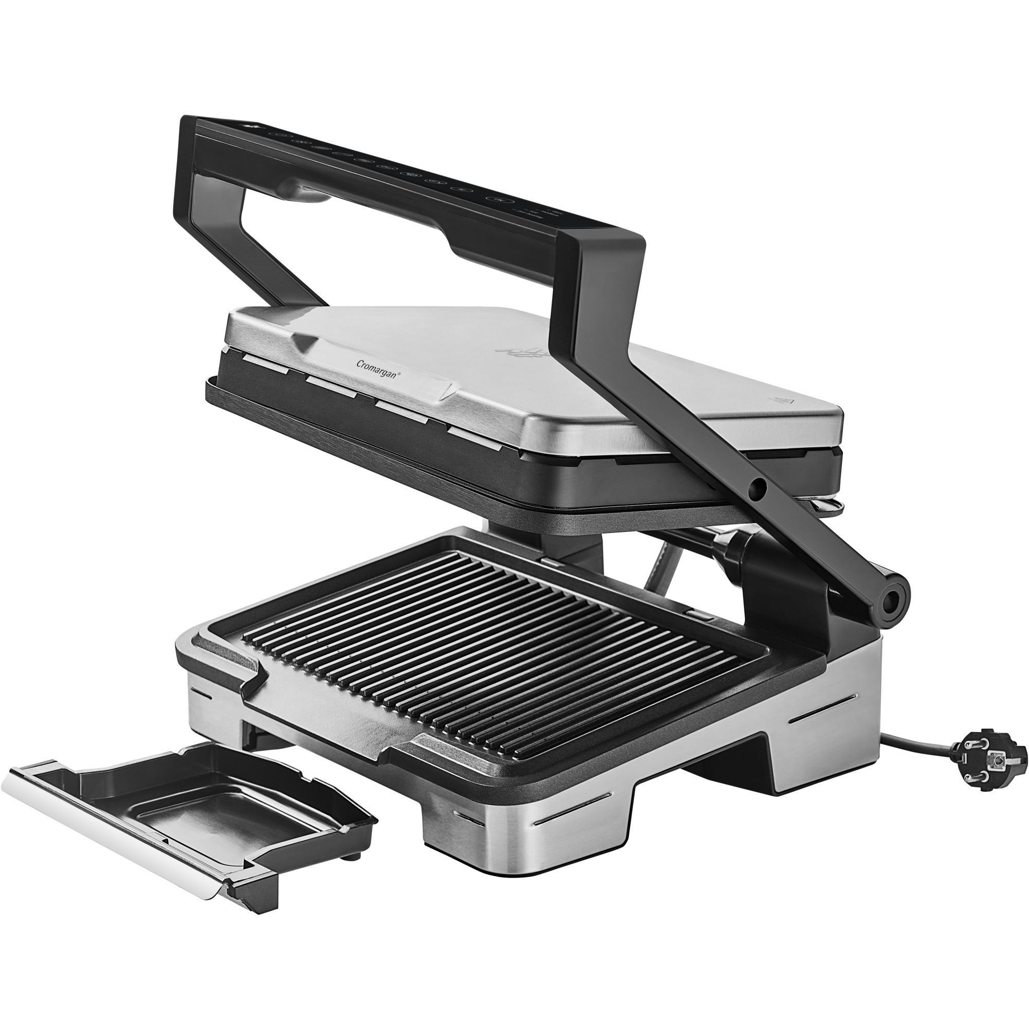 Eine silber-schwarze Panini-Presse, geöffnet und einsatzbereit.