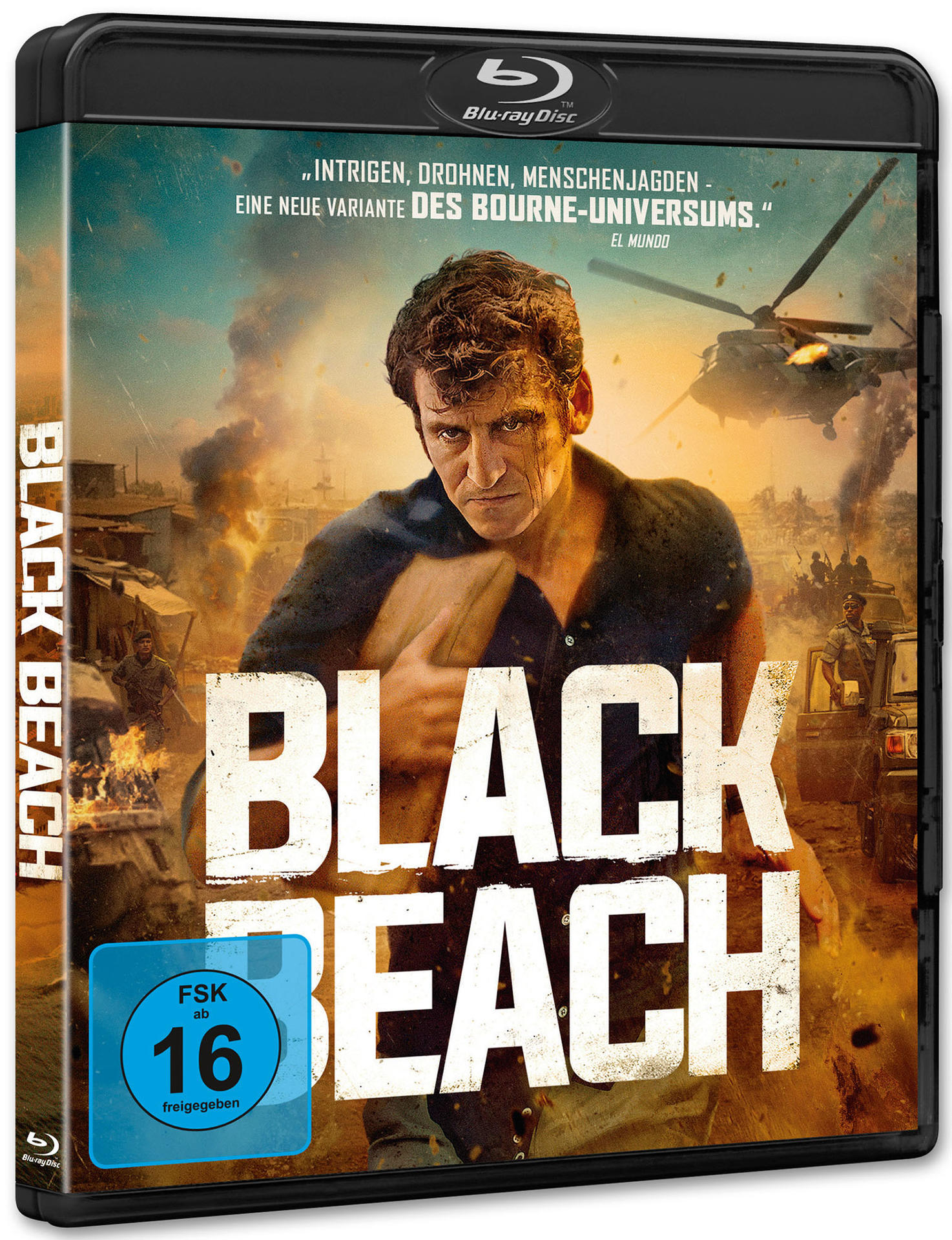 Blu-ray-Hülle des Films 'Black Beach'. Mann steht vor brennenden Gebäuden.