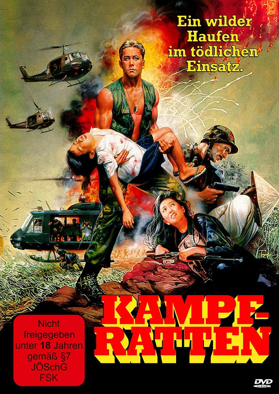 Filmposter für Kampfratten. Eine Kriegsszene mit Soldaten, Hubschraubern und einer Vietnamesin.