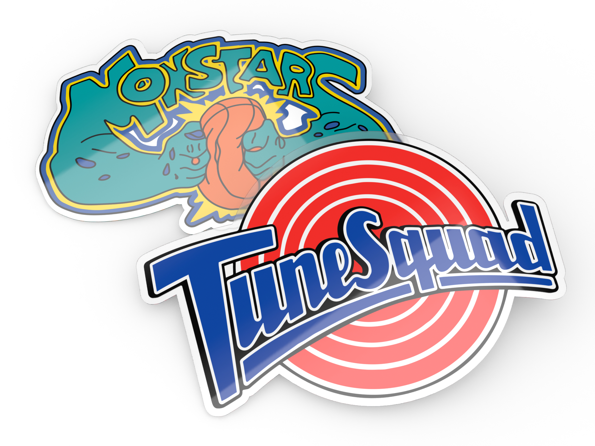 Zwei Aufkleber: ein Cartoon-Charakter mit Basketball und das Tune Squad Logo.