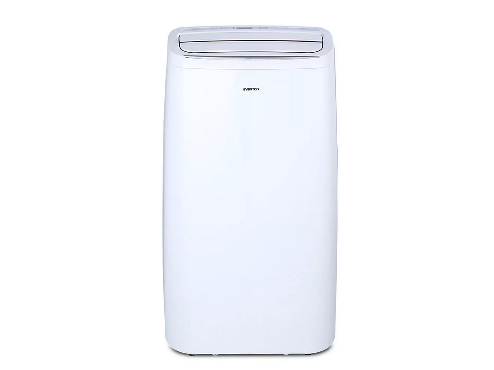 Aire acondicionado portátil blanco. Tiene forma rectangular, panel de control superior.