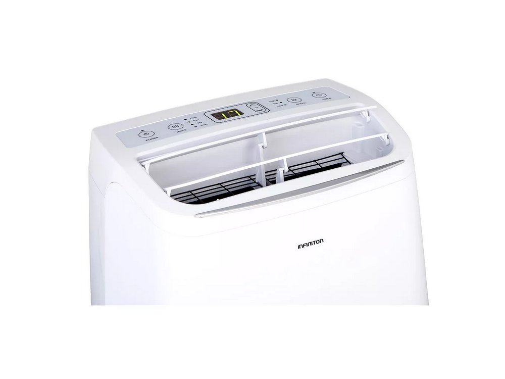Aire acondicionado blanco con pantalla digital. Las rejillas de ventilación son visibles.