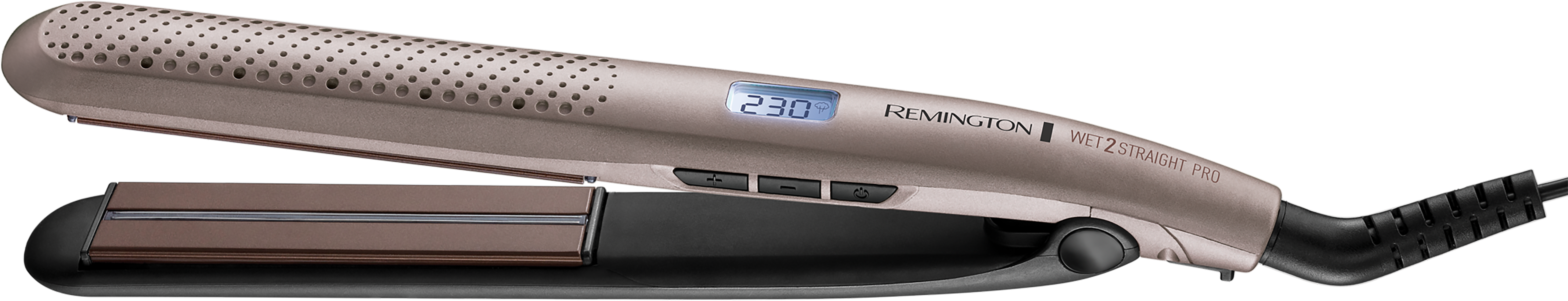Een lichtbruine Remington stijltang, met een digitaal display. Het is opengeklapt en toont de verwarmingsplaten.