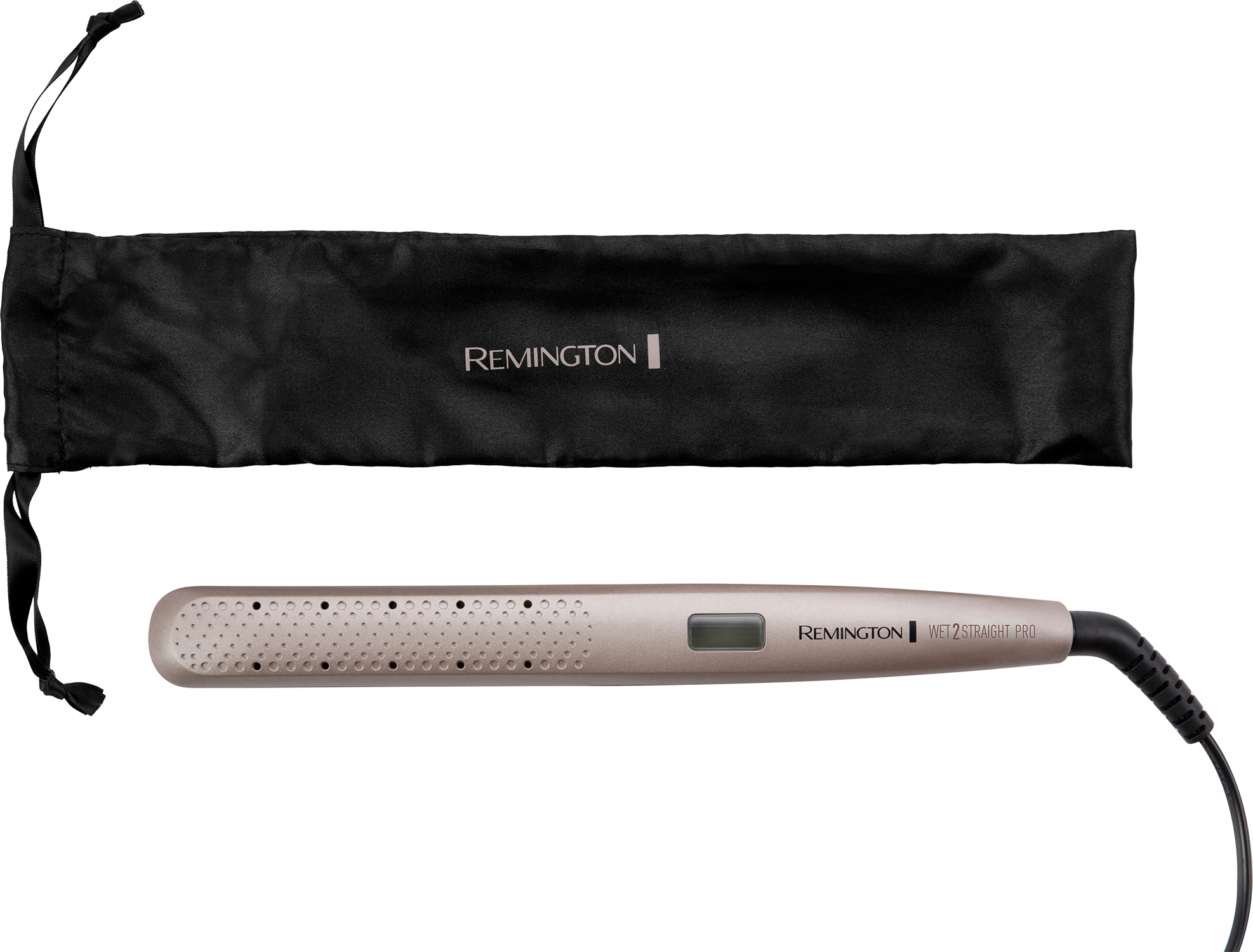 Gouden stijltang met zwarte etui, Remington logo zichtbaar.