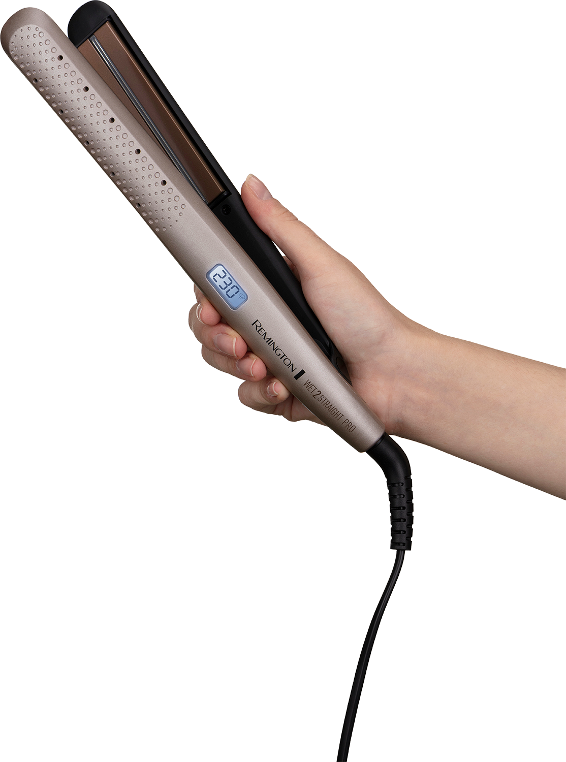 Persoon die een gouden stijltang vasthoudt, display toont 230. Remington logo zichtbaar.