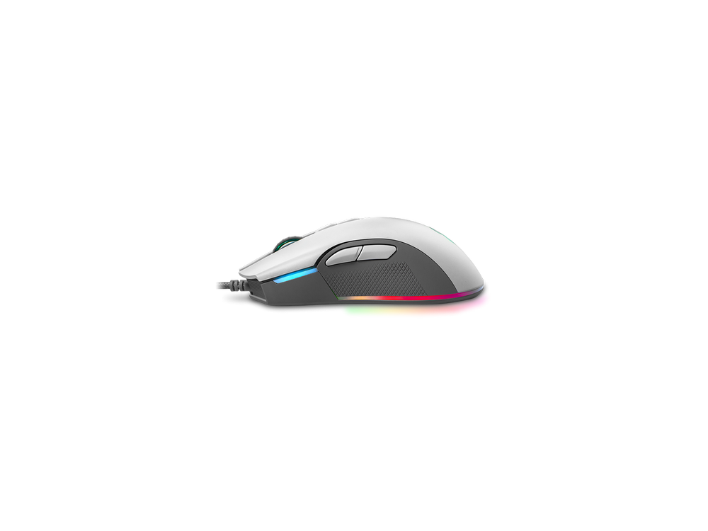 Un ratón para juegos blanco con luces de colores en la parte inferior. Tiene dos botones laterales y un cable.