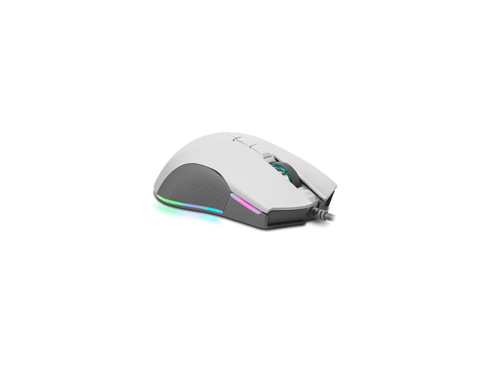 Ratón gaming blanco con iluminación RGB en la parte inferior y laterales.