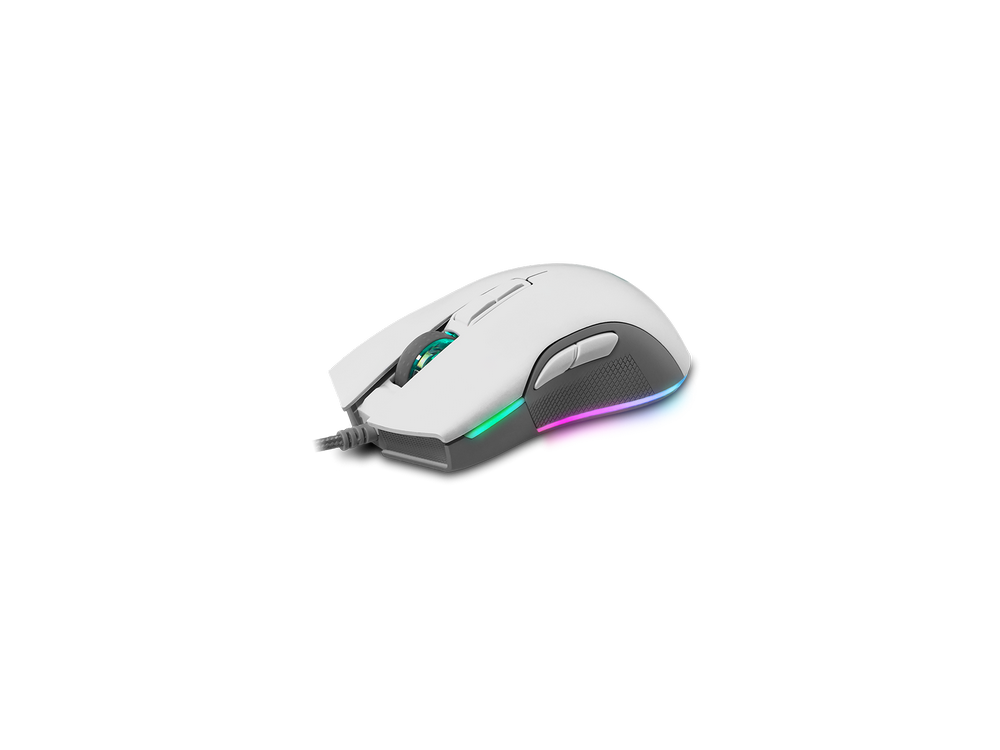 Ratón gaming blanco con luces RGB sobre fondo negro. Tiene un cable.