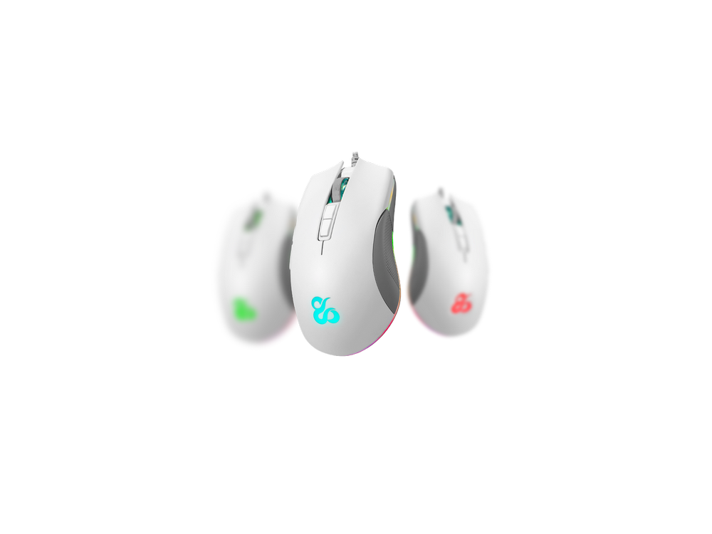 Tres ratones gaming blancos con luces de colores.