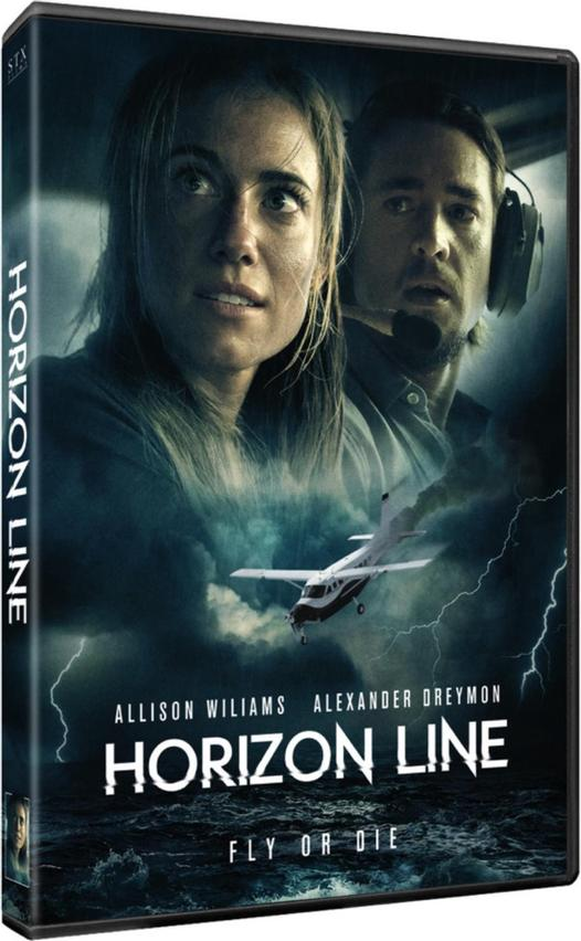 DVD-hoes voor de film Horizon Line, met acteurs en een vliegtuig in stormachtig weer.