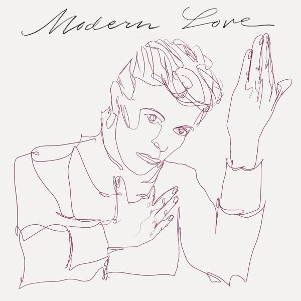 Lijntekening van een persoon met opgeheven armen. De woorden "Modern Love" staan bovenaan in cursief.