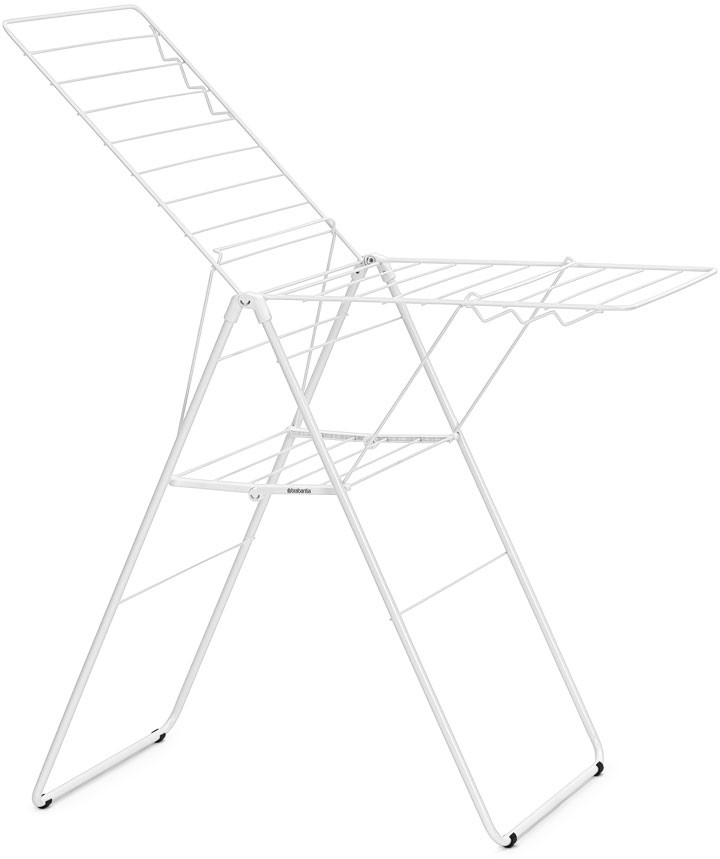 Séchoir blanc, pliable, avec plusieurs niveaux pour suspendre les vêtements.