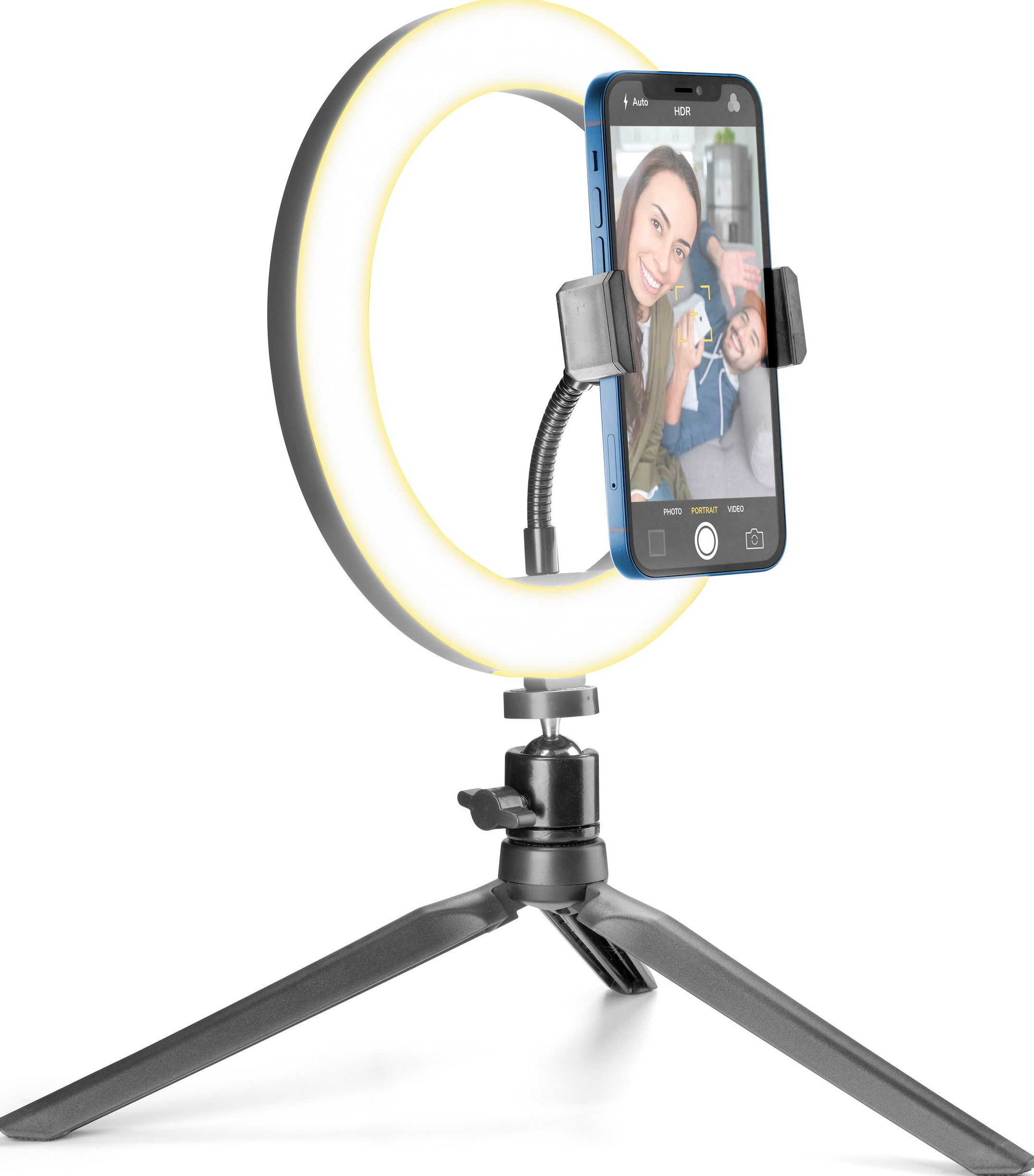 Una luce ad anello con telefono e treppiede.
