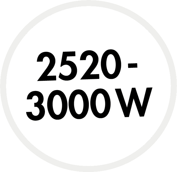 Ein weißer Kreis mit dem Text '2520-3000 W' darin wird dargestellt.