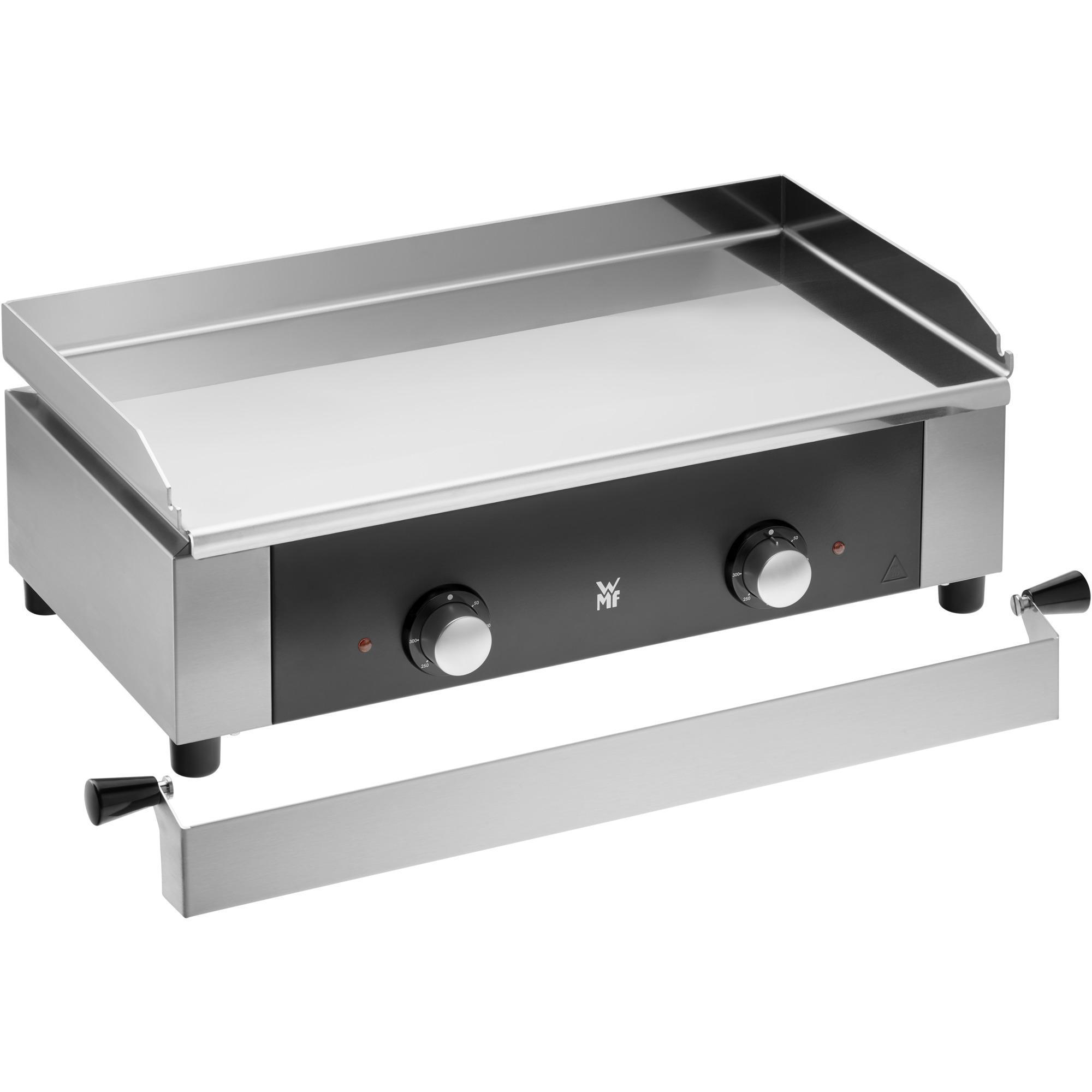 Eine Edelstahlgriddle mit zwei Knöpfen und einem abnehmbaren Griff. Die Oberfläche ist sauber und reflektierend.
