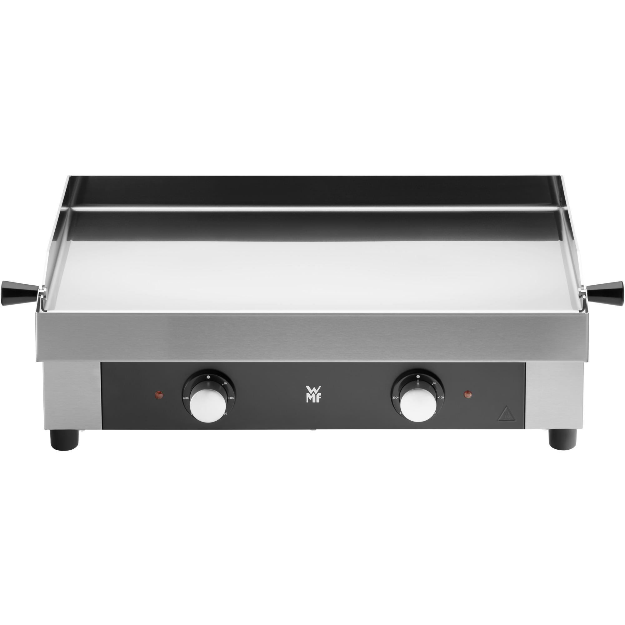Edelstahlgrill mit schwarzen Knöpfen und Griffen, schwarze Basis.
