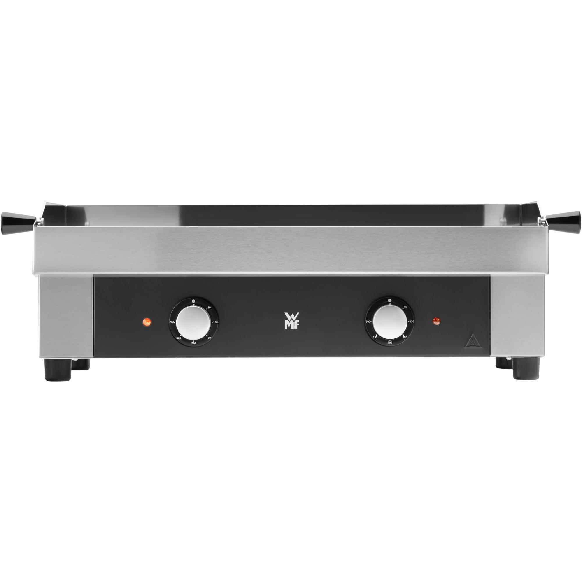 Ein Edelstahlgrill mit zwei schwarzen Knöpfen und Griffen.