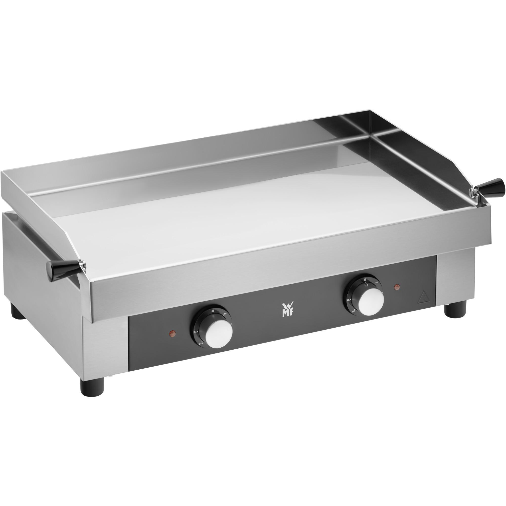 Grillplatte aus Edelstahl mit Bedienelementen. Schwarze Knöpfe und schwarze Basis.