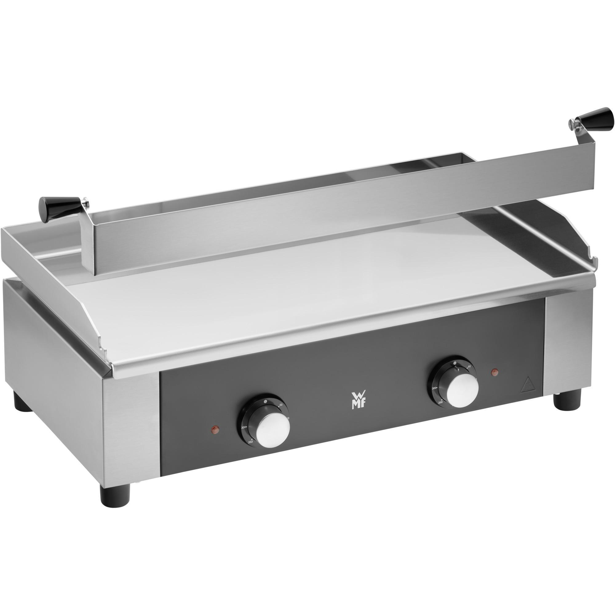 Eine Edelstahl-Grillplatte mit schwarzem Bedienfeld, Knöpfen und Griffen. Weißer Hintergrund.
