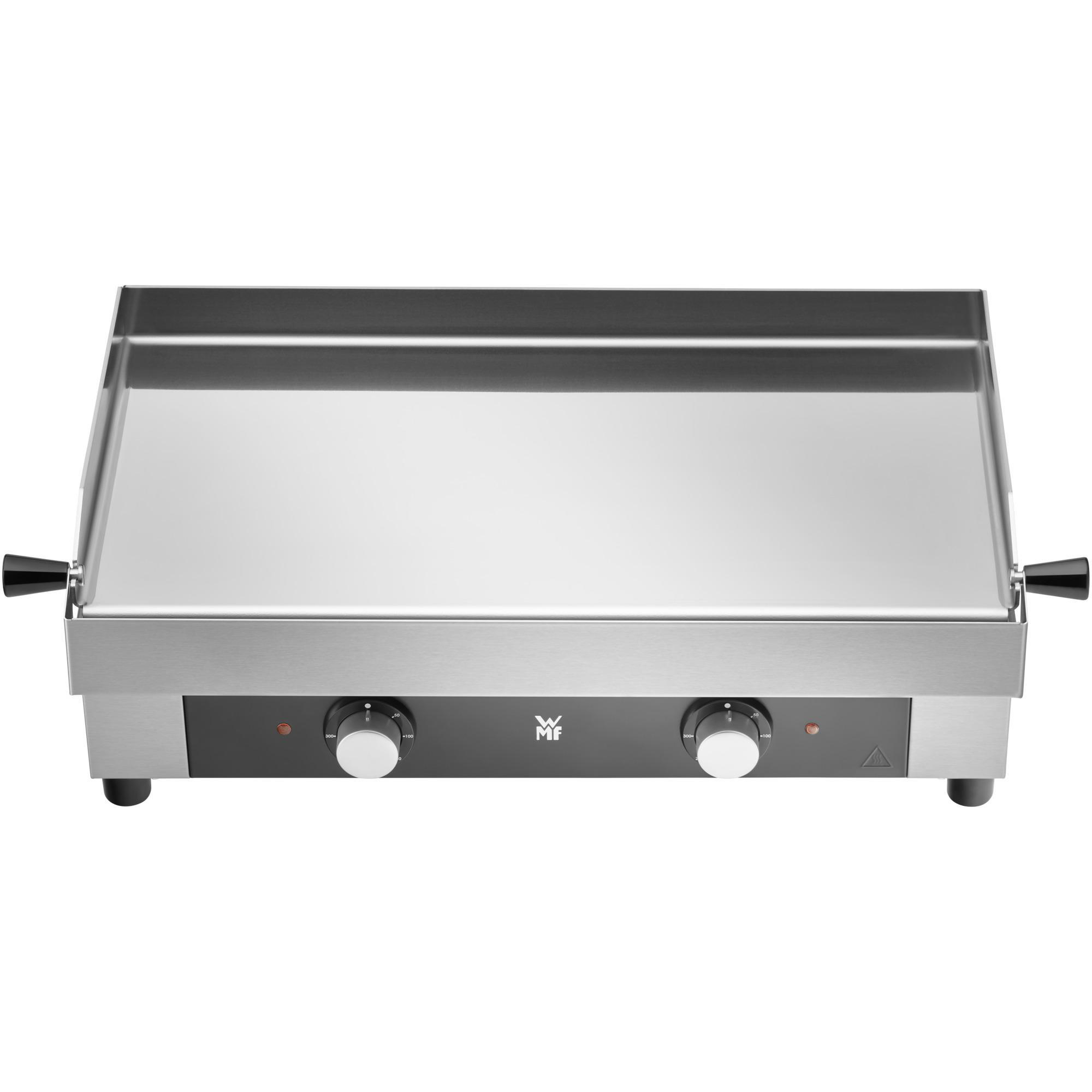 Ein elektrischer Grill aus Edelstahl mit zwei Bedienknöpfen. Schwarze Griffe befinden sich an den Seiten.