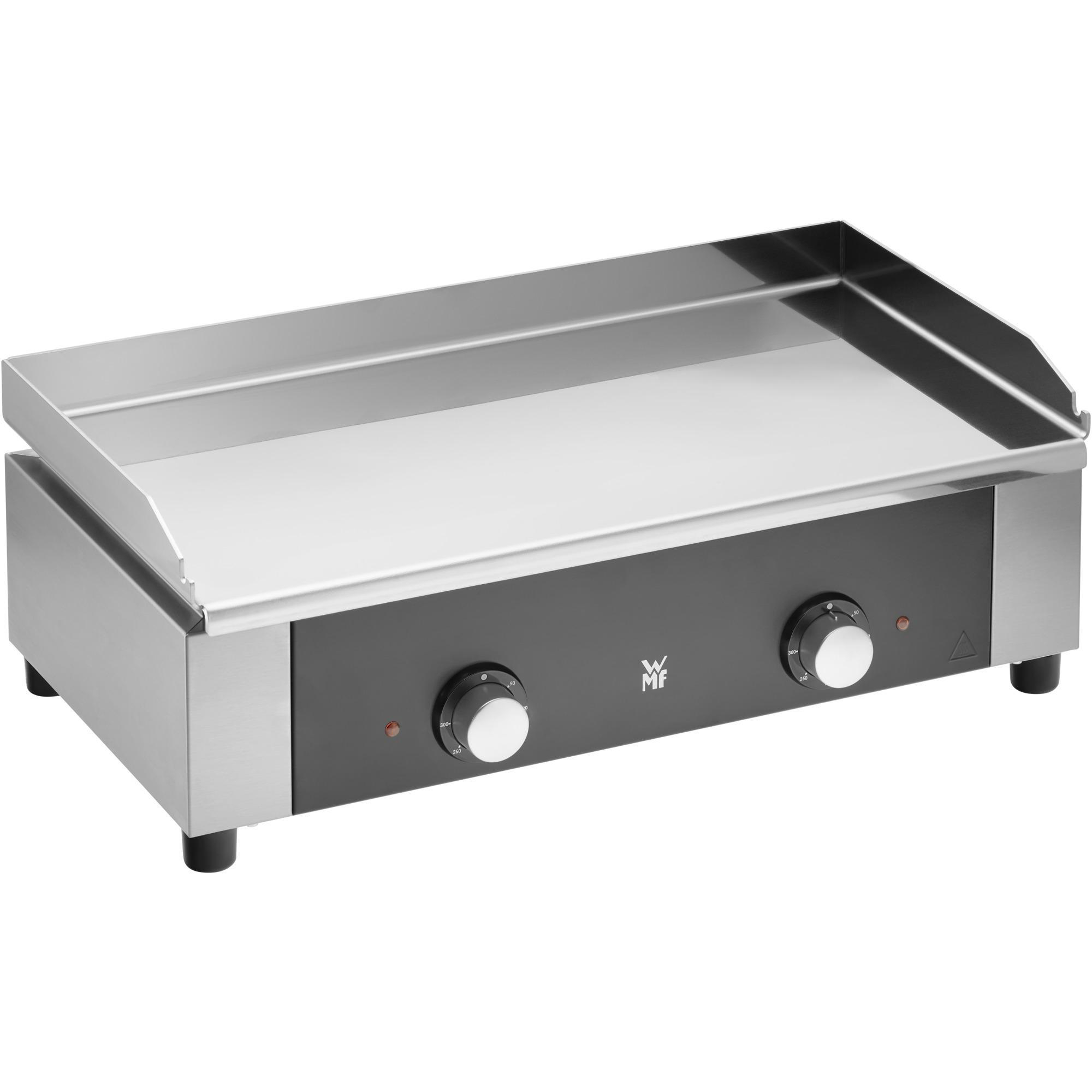 Edelstahl-Griddle mit schwarzem Bedienfeld.