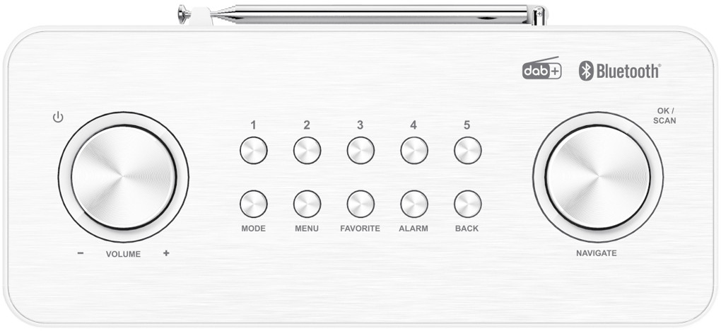 Witte radio met knoppen en een volumeknop. Heeft een kleine antenne en Bluetooth-logo.