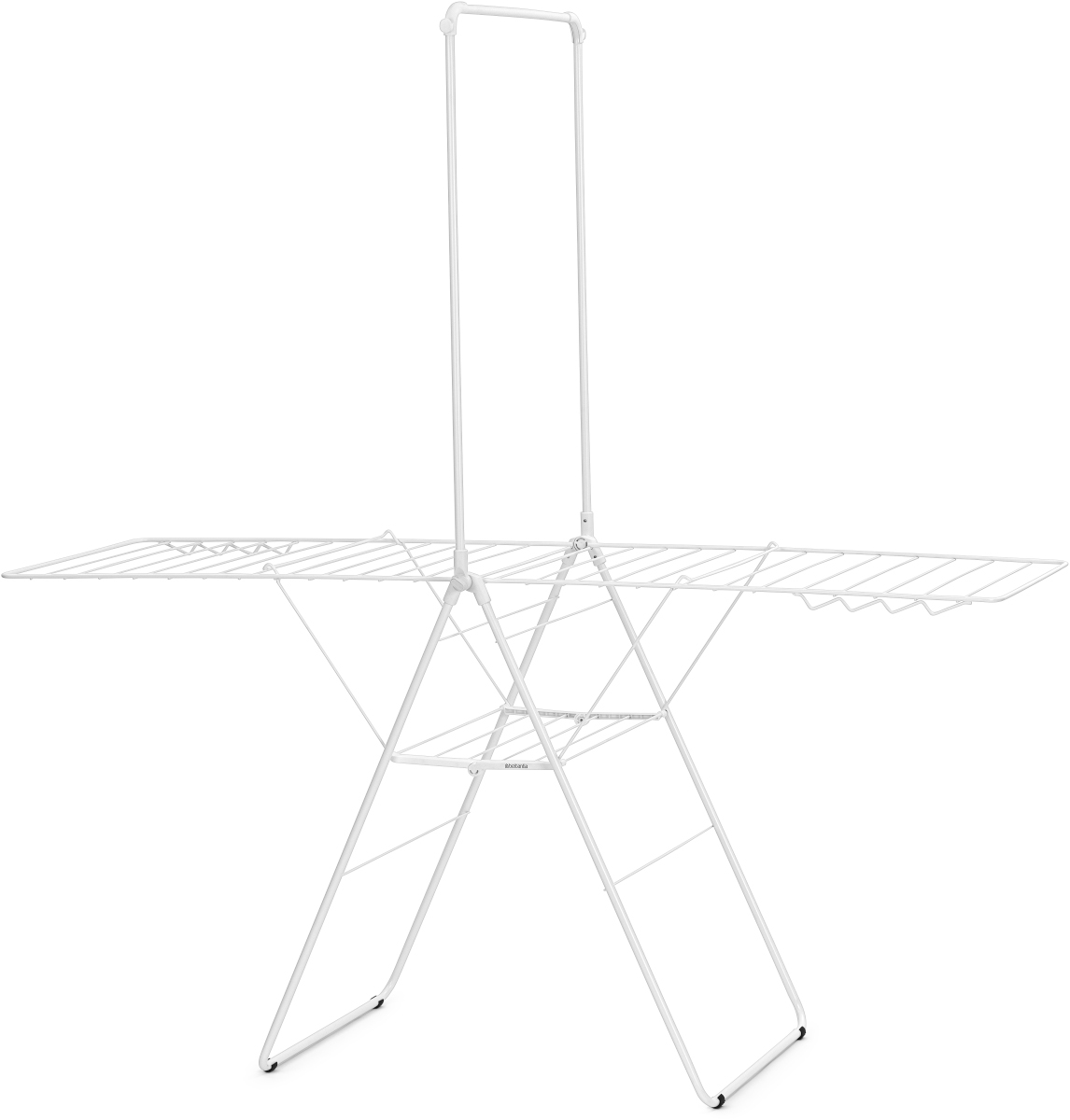 Séchoir pliable blanc. Plusieurs barres pour vêtements, étagère en bas.