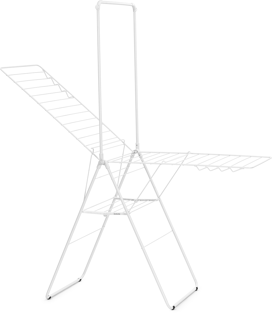 Étendage blanc, ouvert et droit, avec un design de grille métallique.