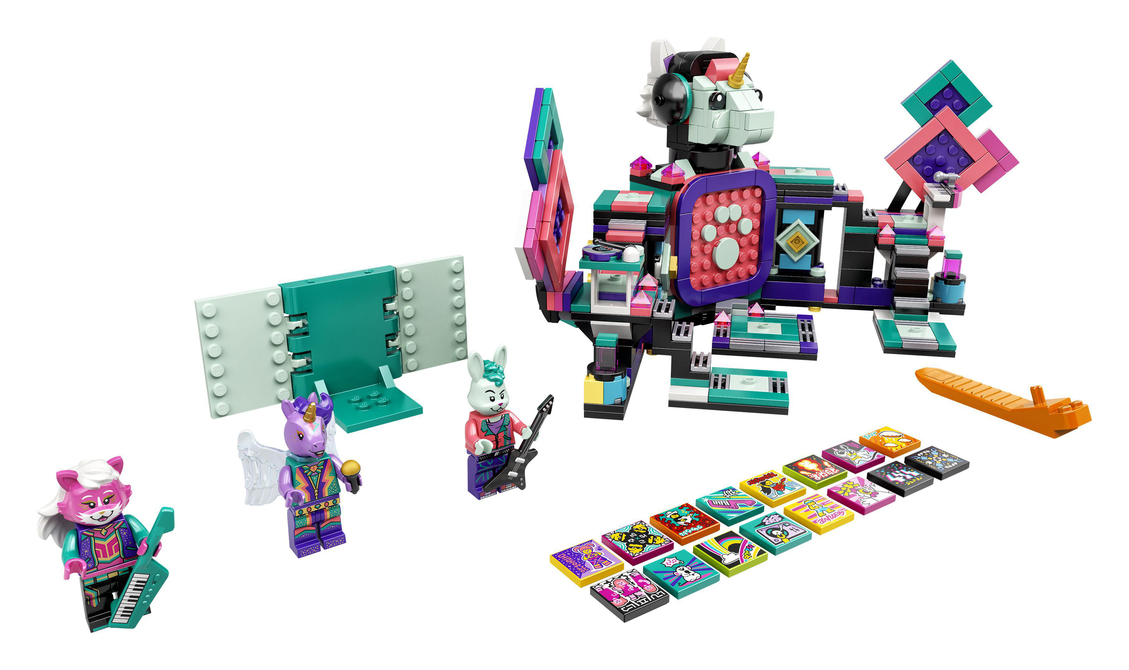 LEGO-Set mit Einhorn-, Katzen- und Hasenfiguren sowie Bausteinen.
