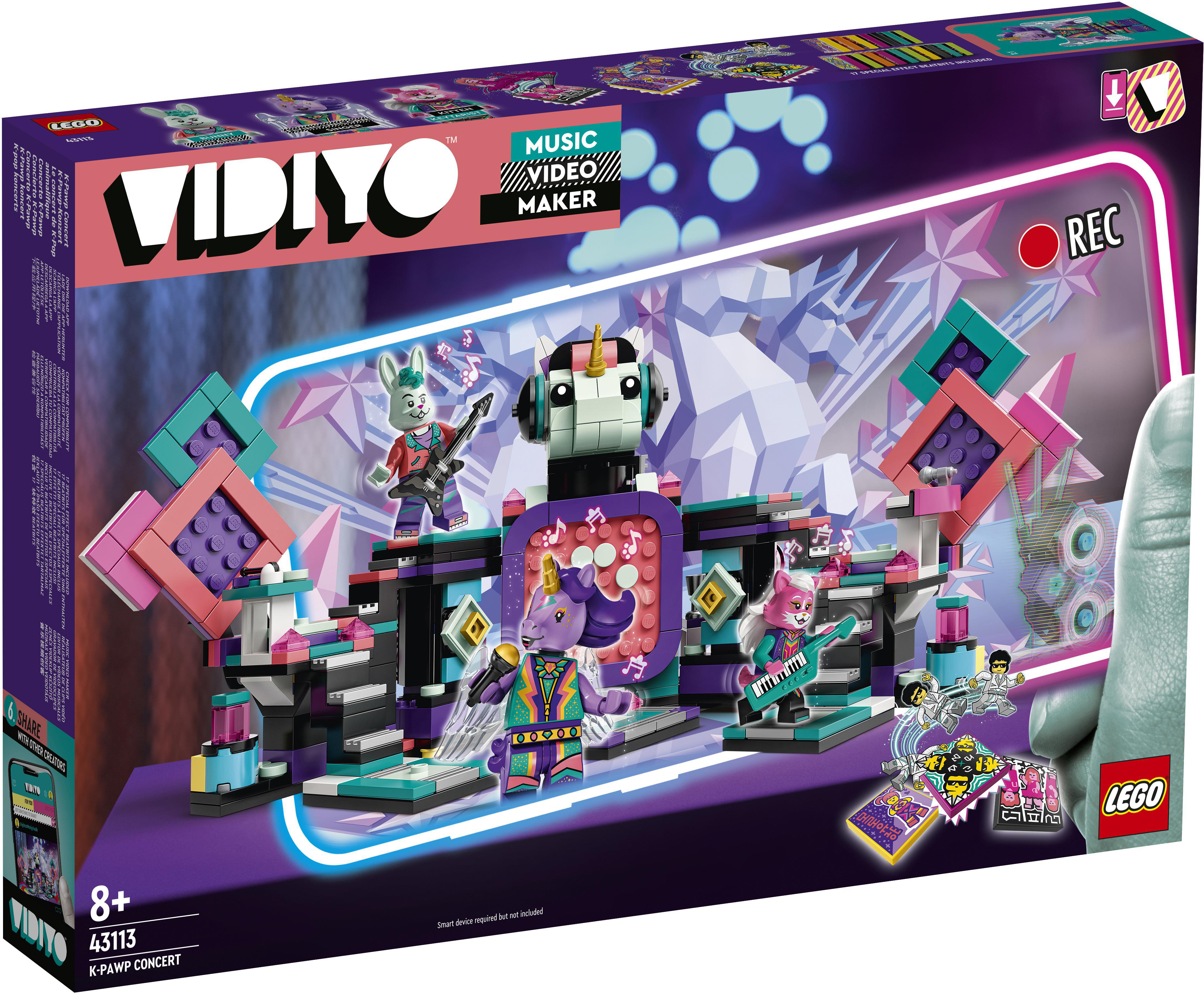 Lego Vidiyo-Box mit Figuren auf einer Bühne. Die Bühne ist bunt und zeigt ein Einhorn.