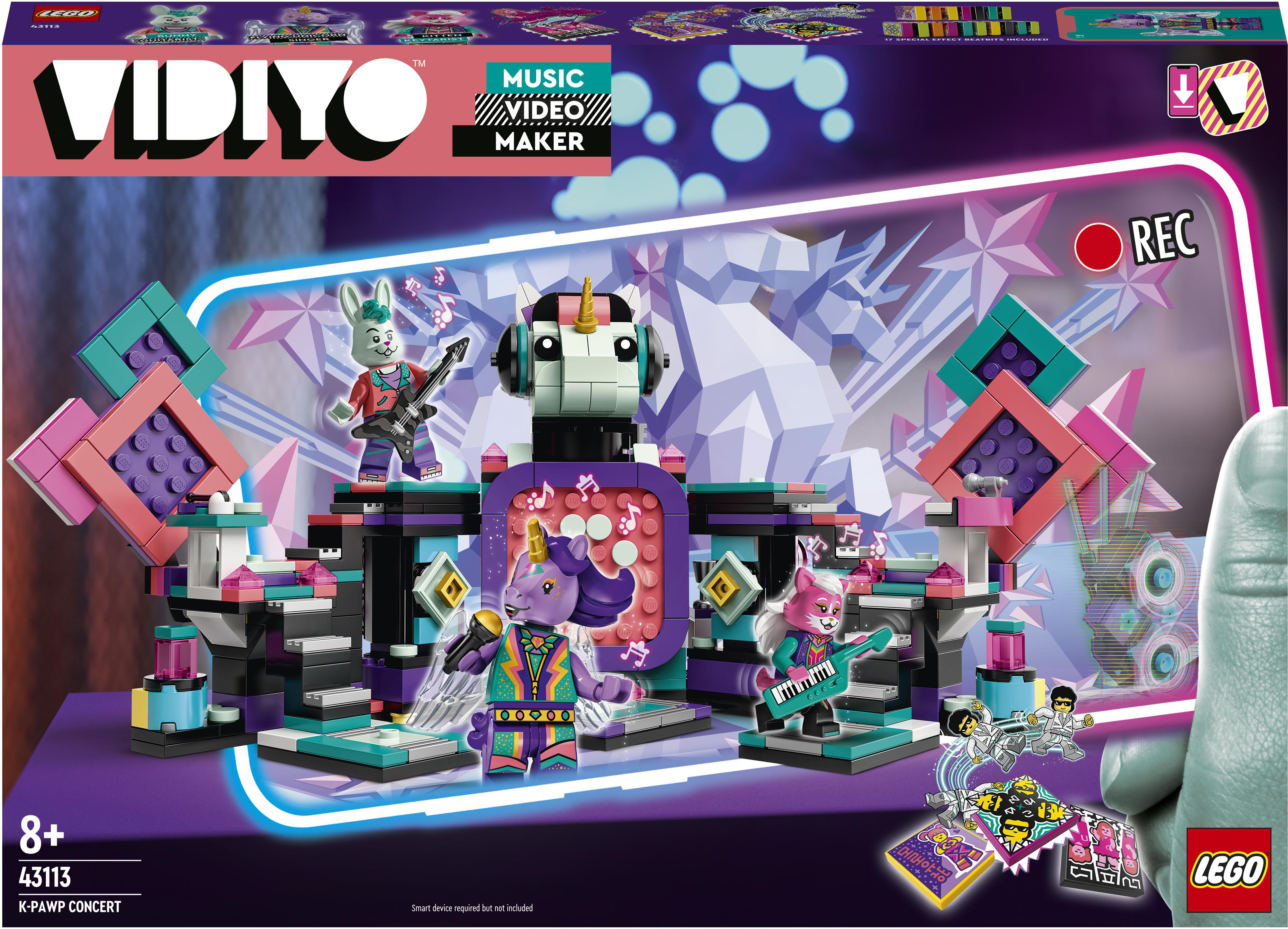 LEGO VIDIYO-Box-Set. Figuren stehen auf einer Bühne. Die Box zeigt ein Musikvideo-Maker-Set.