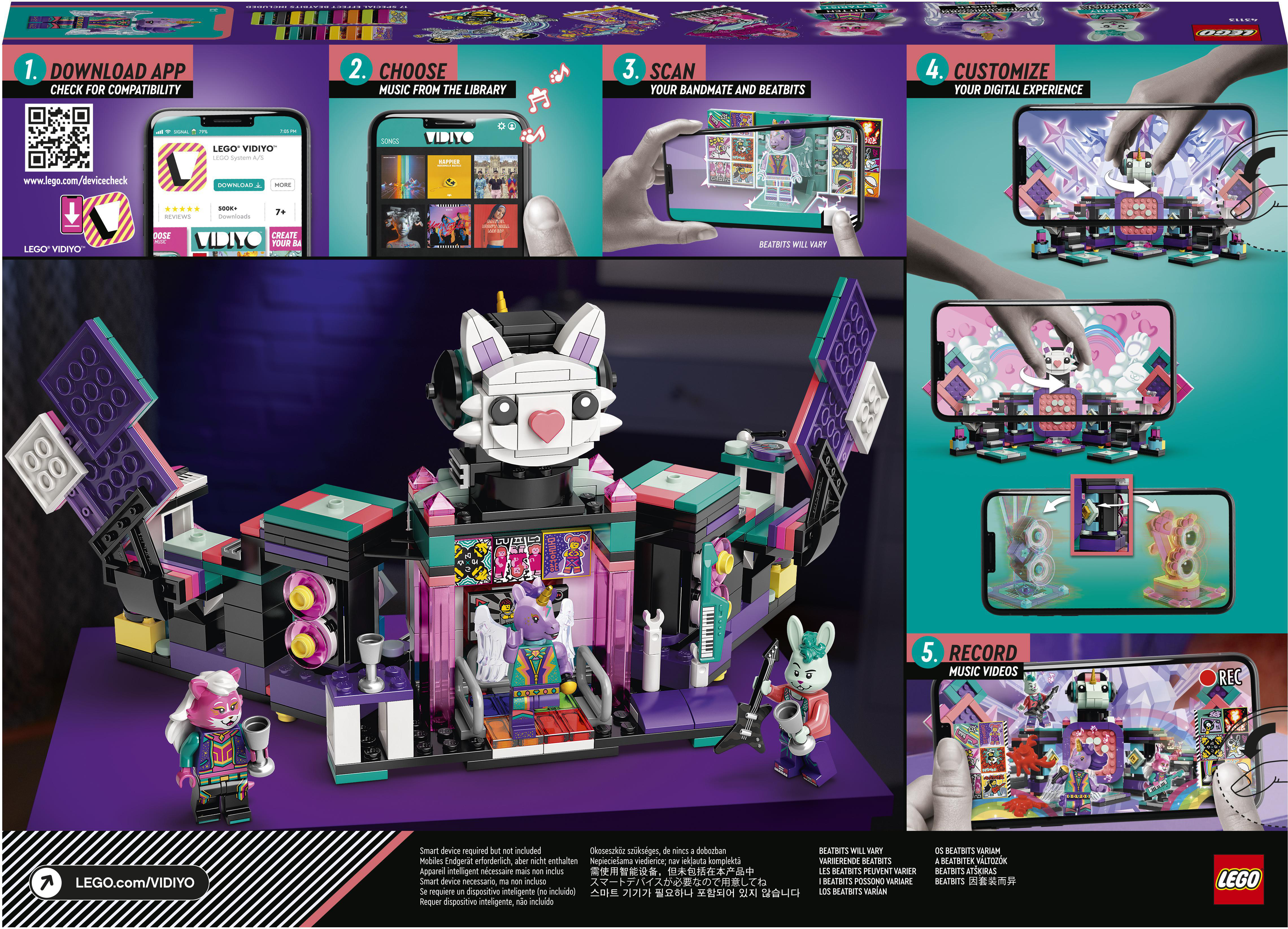 Lego-Set mit Figuren, Anweisungen und mehreren Handy-Bildschirmen.