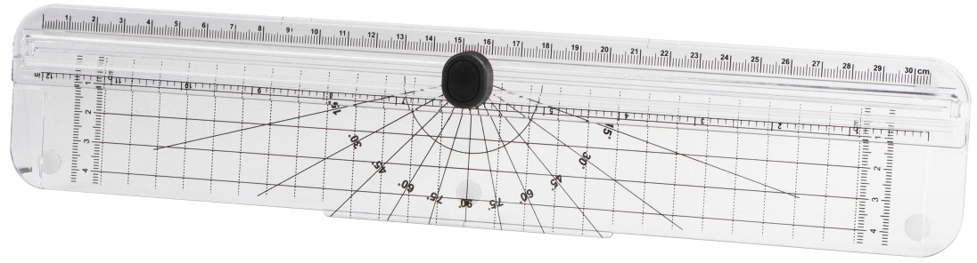 Transparenter Lineal mit Winkelmarkierungen und einem schwarzen Knopf.