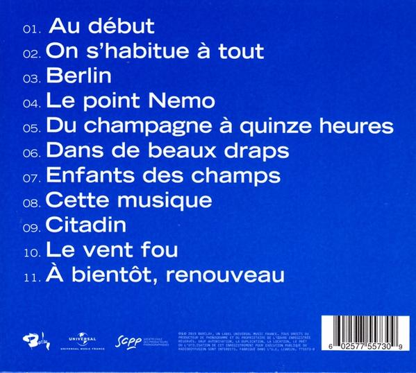 Blue album cover with white text listing song titles and credits.
