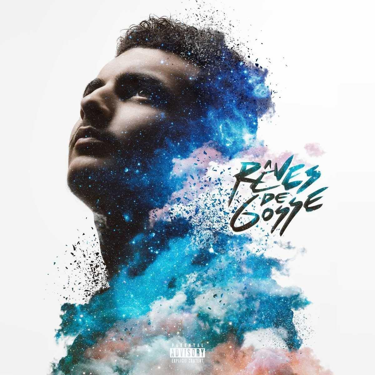 Pochette d'album avec le visage d'un homme, partiellement obscurci par de l'art bleu et blanc.