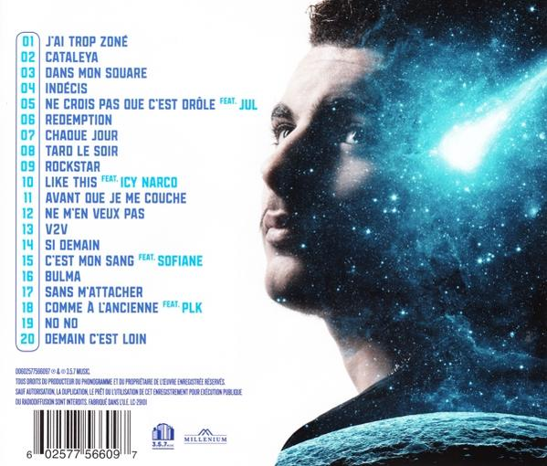 Couverture d'album avec visage d'homme et fond étoilé, avec liste des titres à gauche.