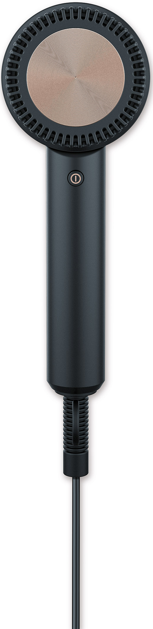 Ein schwarzer Haartrockner mit einem metallischen roségoldfarbenen Heizelement. Er hat einen Ein-/Ausschalter und ein Kabel.