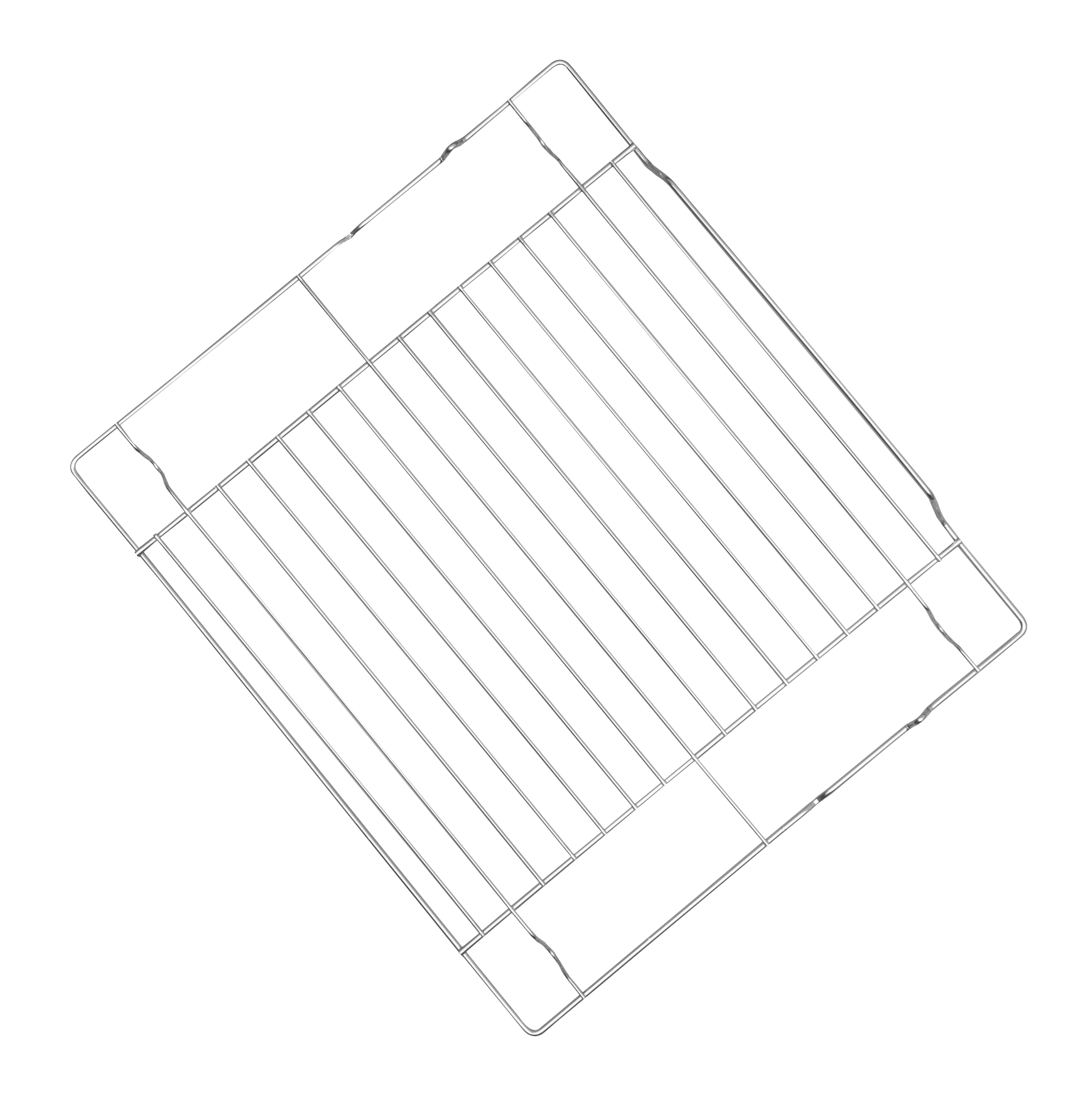 Metall-Ofenrost, Drahtgitter, Diamantform, vor weißem Hintergrund.