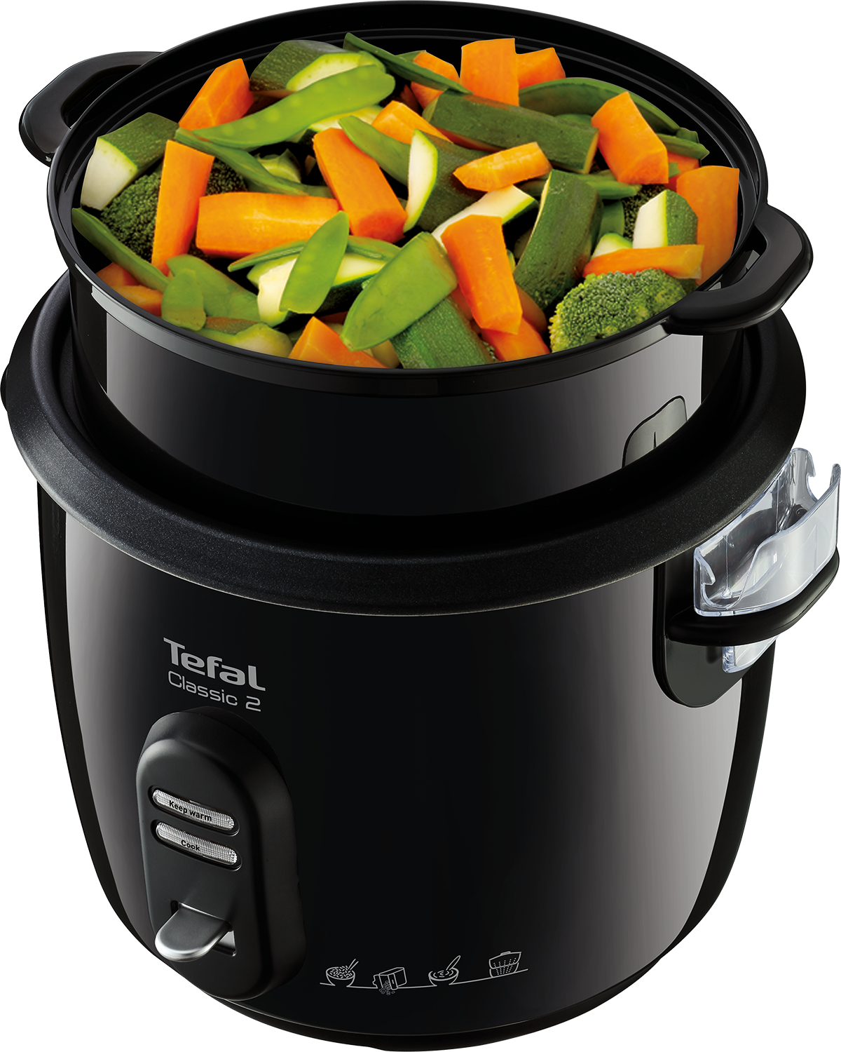 A black rice cooker with vegetables inside the steamer basket.