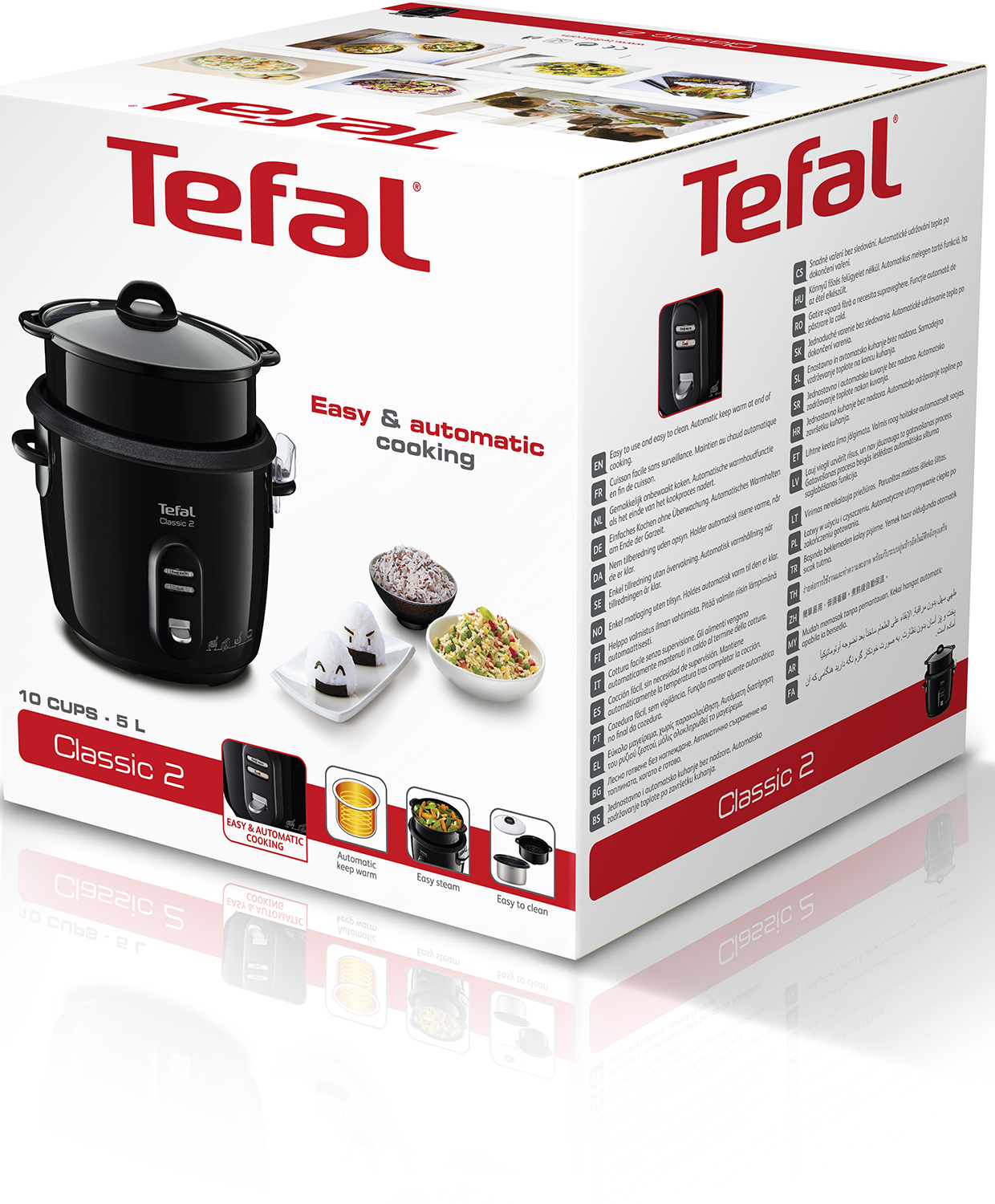 Tefal Classic 2 rice cooker. The box shows the cooker, rice, and side dishes.