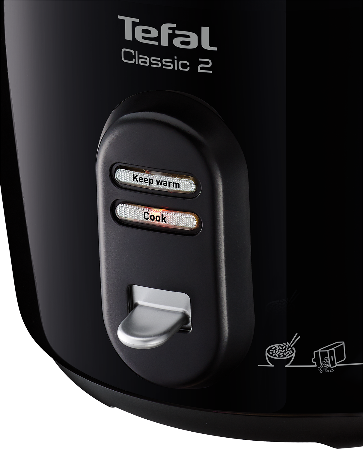 Black rice cooker control panel with 'Keep warm' and 'Cook' illuminated buttons and a lever.