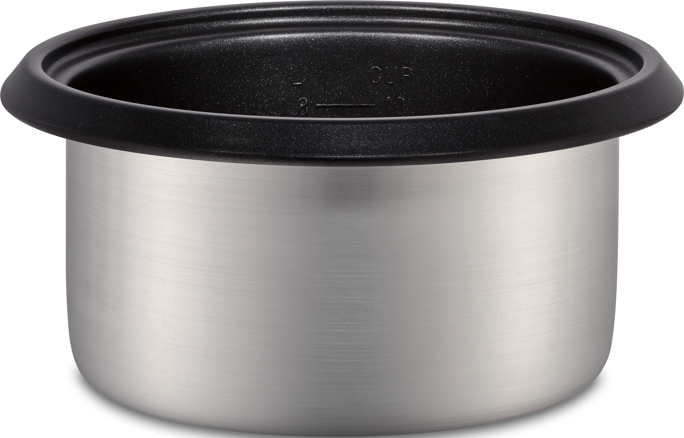 Stainless steel rice cooker inner pot with a black rim. Plain background, no other objects.